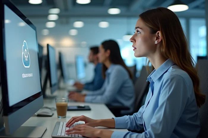 Femme perplexe face à un message d'erreur de connexion cloud ShareCloudy dans un bureau en open space