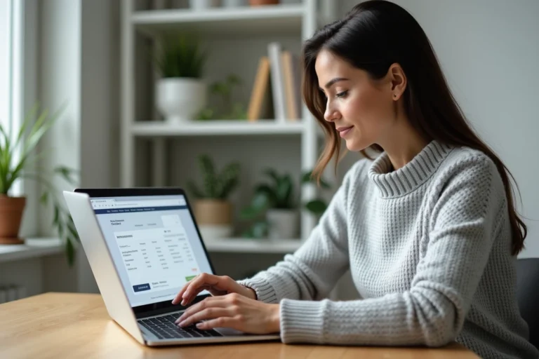 Femme consultant sa facture Carrefour en ligne sur un ordinateur portable dans un bureau à domicile
