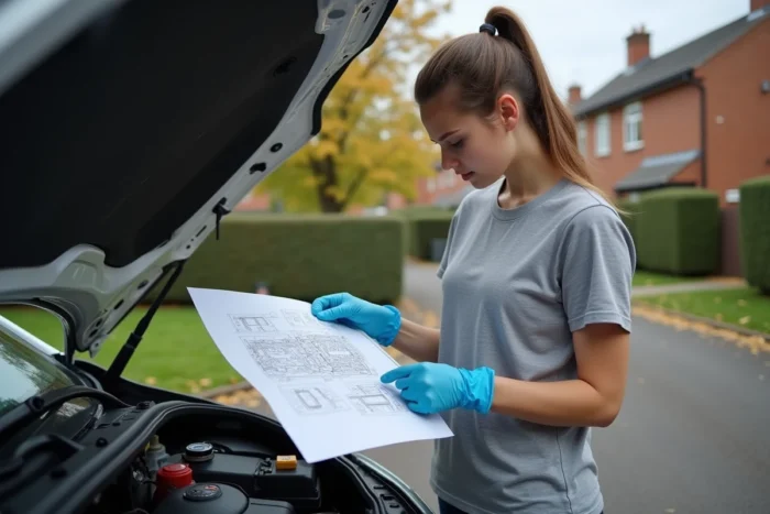 Jeune femme identifiant le cylindre 1 d'un moteur à l'aide d'un schéma technique dans une allée résidentielle