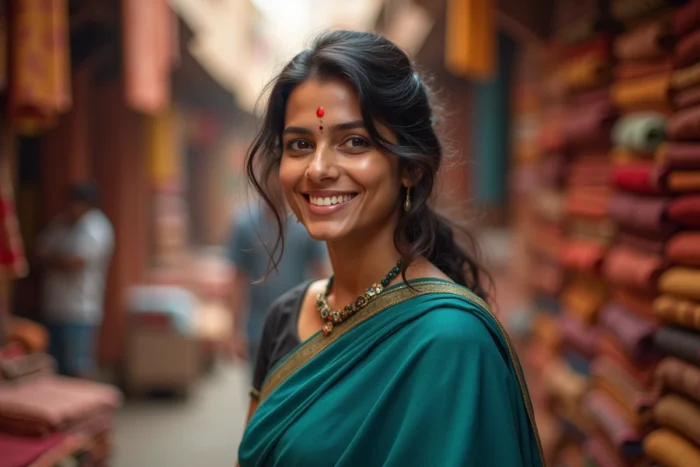 Femme indienne authentique en sari teal dans un marché de Jaipur, souriant naturellement parmi des tissus colorés