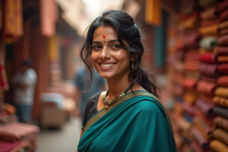 Femme indienne authentique en sari teal dans un marché de Jaipur, souriant naturellement parmi des tissus colorés