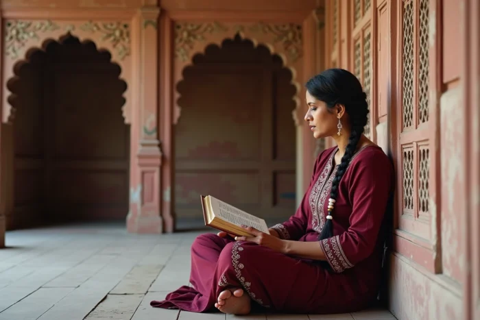 Femme indienne mature en kurta brodé lisant sur une véranda de haveli traditionnelle au Rajasthan