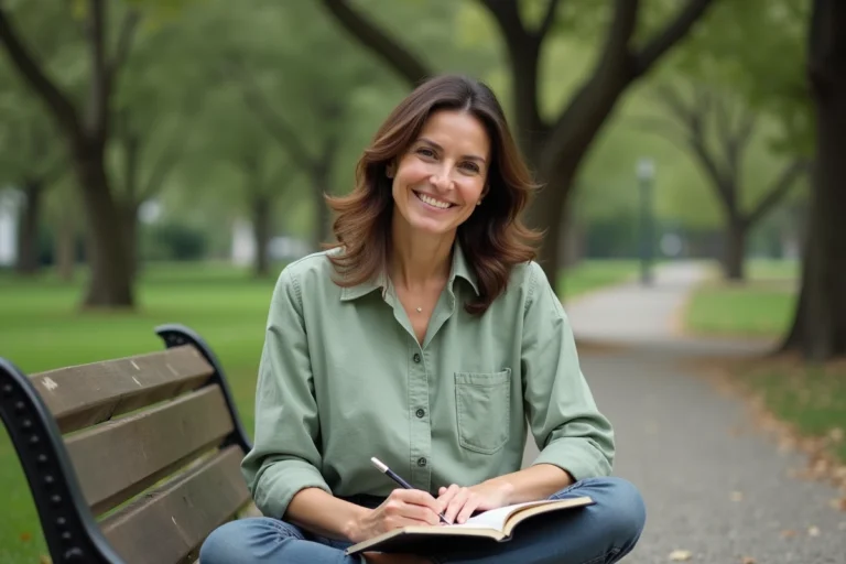 Femme de 40 ans écrivant dans un journal de bien-être dans un parc urbain, illustrant les déterminants de la santé liés au mode de vie