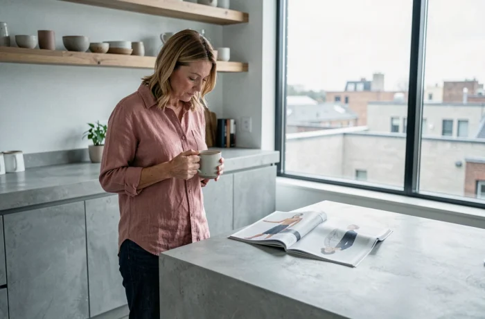 Femme dans la quarantaine lisant un magazine de mode dans une cuisine moderne minimaliste