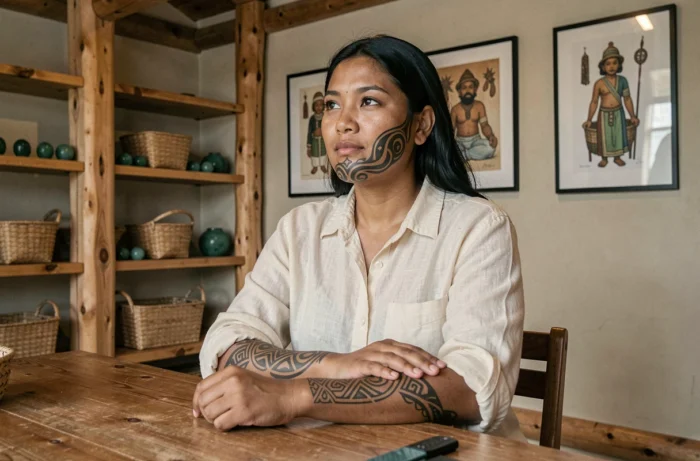 Jeune femme māorie avec un tatouage tā moko kauae sur le menton et des motifs géométriques sur les avant-bras dans un centre culturel traditionnel