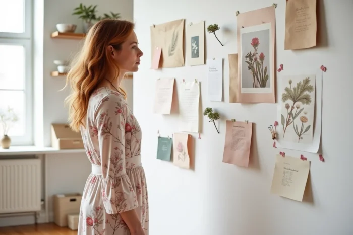 Femme créative devant un moodboard de tendances artistiques avec illustrations botaniques et échantillons textiles dans un studio moderne