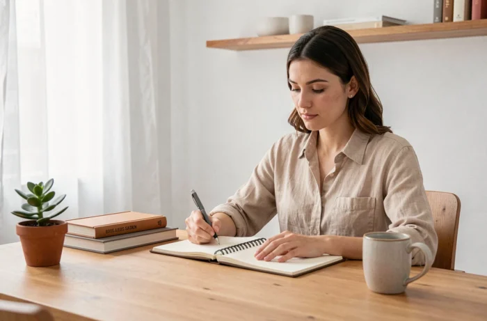 Femme organisée écrivant dans un agenda sur un bureau en bois minimaliste, entourée de plantes et d'objets bien rangés pour une vie quotidienne sereine