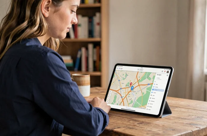 Femme consultant les paramètres Google Maps sur tablette pour activer l'affichage des radars