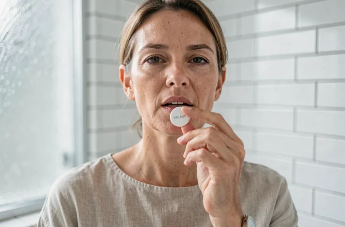 Femme tenant une pastille de Vichy entre ses doigts près de sa bouche dans une salle de bain moderne