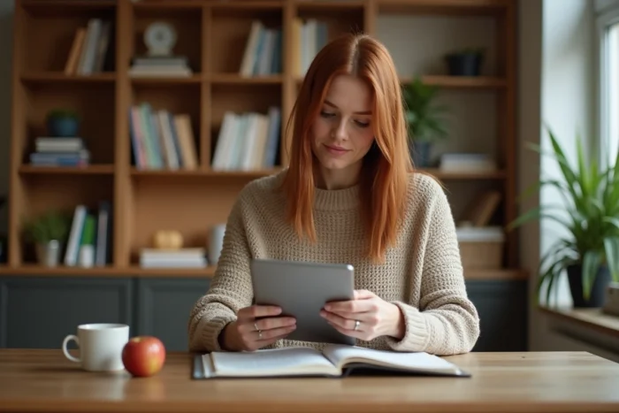 Femme planifiant son régime 1800 calories par jour sur une tablette avec un journal alimentaire à la maison