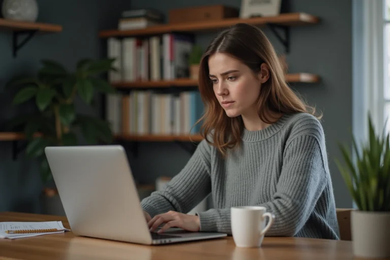 Femme frustrée face à une erreur de connexion sur son ordinateur portable dans un bureau à domicile moderne