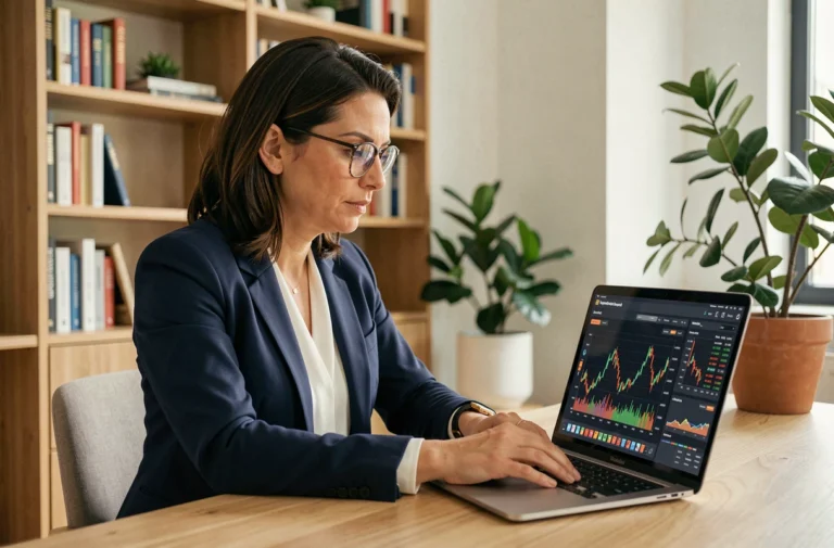 Femme professionnelle consultant des informations financières fiables sur un ordinateur portable dans un bureau moderne