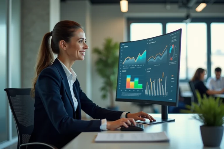 Femme professionnelle en blazer marine travaillant sur un tableau de bord analytique digital dans un bureau moderne