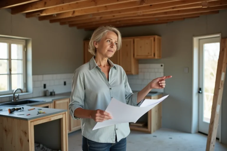 Femme tenant un plan de rénovation dans une cuisine en travaux financée par un prêt PEL