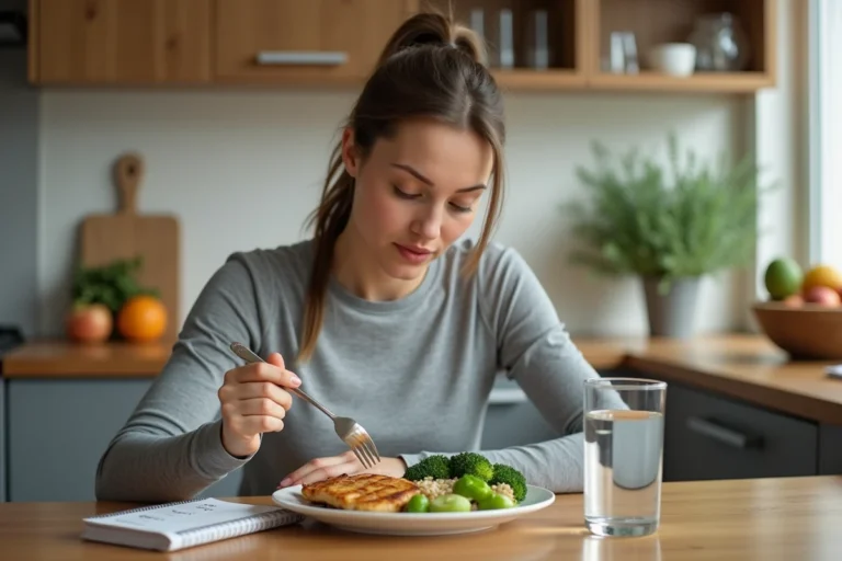 Femme préparant un repas équilibré de 1800 calories dans une cuisine moderne avec poulet, brocoli et riz complet