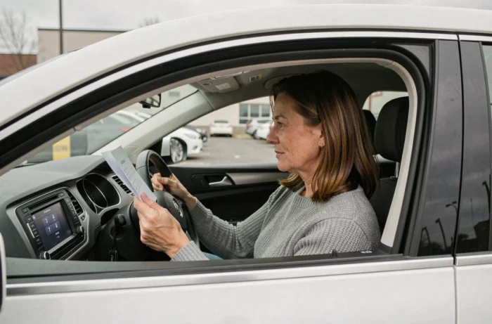 Femme consultant un document pour saisir le code autoradio de sa Volkswagen Passat