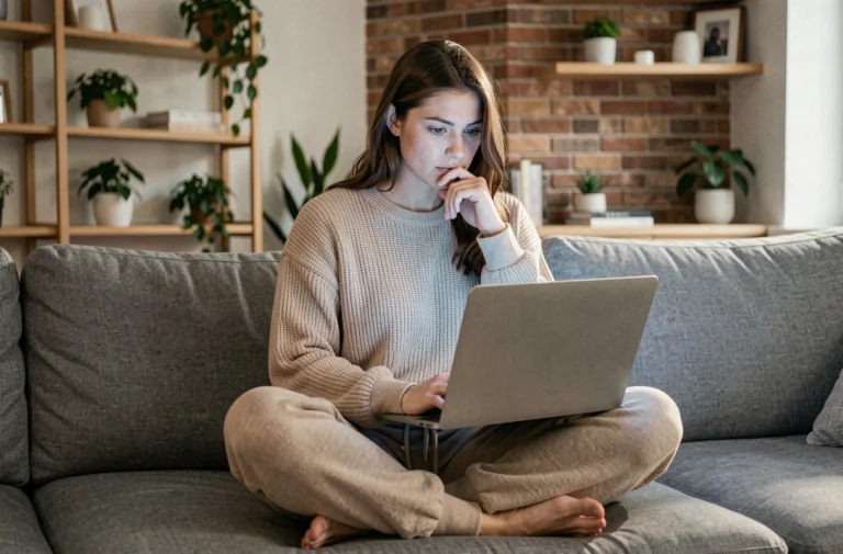Jeune femme regardant du contenu en streaming sur son ordinateur portable dans un salon moderne et minimaliste