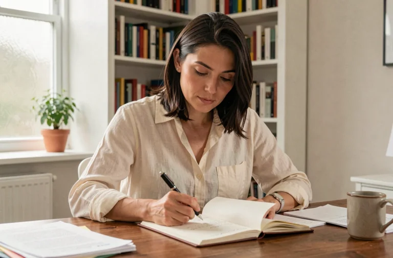 Femme travaillant en solo dans un bureau à domicile organisé, prenant des notes avec concentration