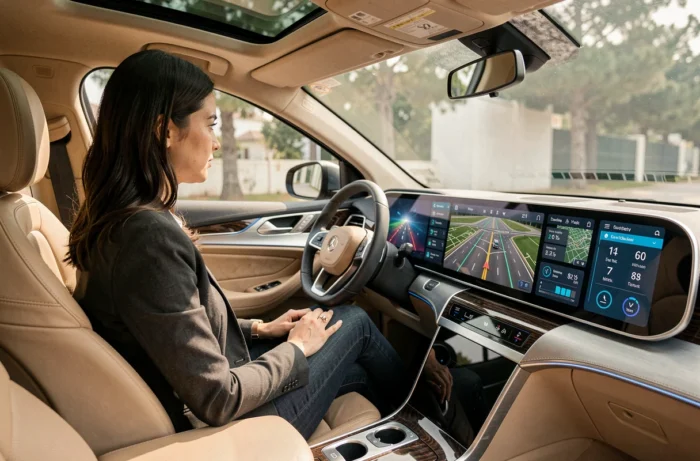 Femme au volant d'un véhicule autonome équipé d'une interface de conduite intelligente et d'un tableau de bord OLED haute technologie