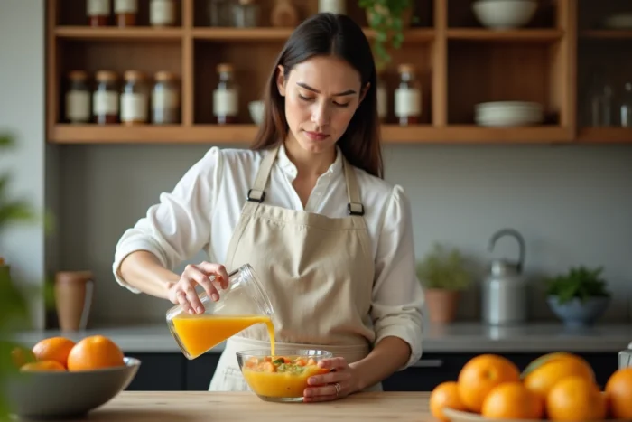 Femme versant du jus de fruit sur une salade de fruits dans un bol en verre dans une cuisine maison