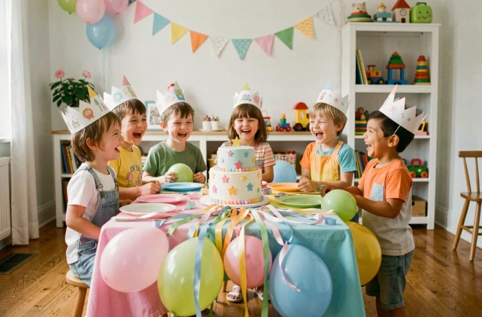 Groupe d'enfants joyeux autour d'une table d'anniversaire colorée avec gâteau et ballons lors d'une fête d'anniversaire originale
