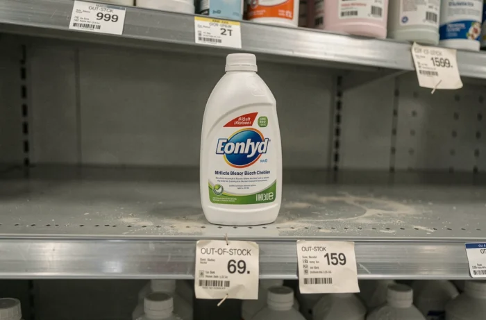Flacon unique de nettoyant désinfectant sur un rayon presque vide symbolisant la rupture de stock de Domestos en grande surface