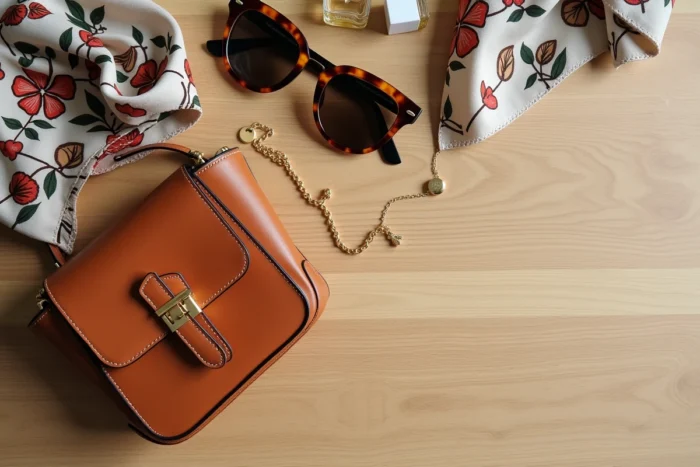 Flatlay d'accessoires mode tendance : sac en cuir cognac, foulard en soie, lunettes et bijoux dorés sur bois clair