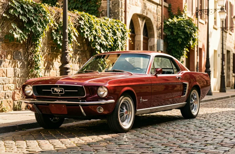 Ford Mustang 1965 rouge cerise restaurée garée sur des pavés d'une rue historique européenne, voiture de collection vintage
