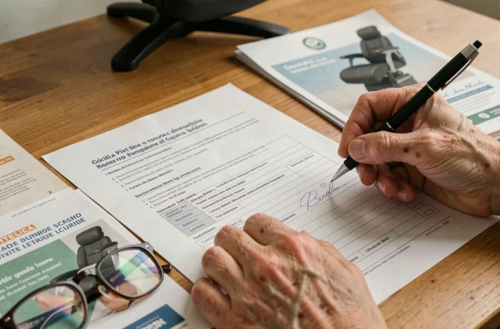 Formulaire de remboursement sécurité sociale pour fauteuil releveur électrique signé par une personne âgée