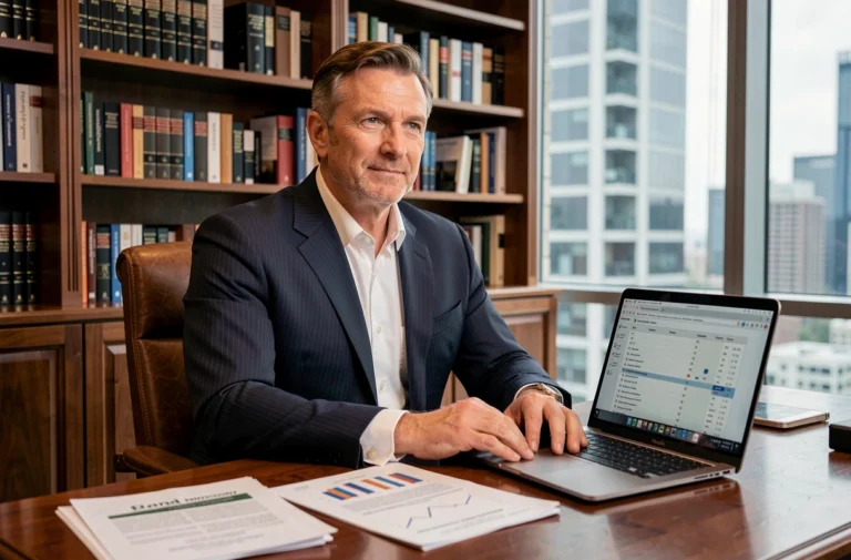 Portrait d'un homme d'affaires prospère dans son bureau avec des documents financiers et analyses de fortune