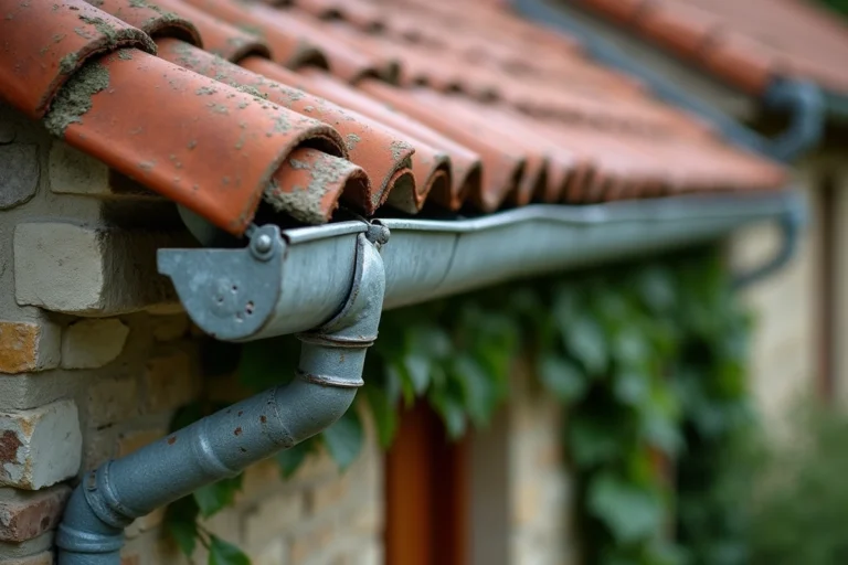 Gouttière en zinc patiné sur une maison en pierre avec tuiles en terre cuite, montrant l'oxydation naturelle et la texture du métal vieilli