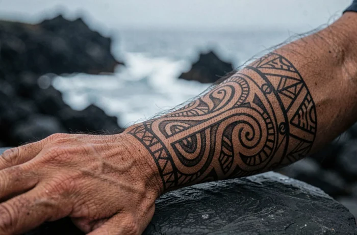 Gros plan hyper-réaliste des motifs sacrés d'un tatouage māori tā moko sur un avant-bras masculin avec des roches volcaniques côtières en arrière-plan en Nouvelle-Zélande