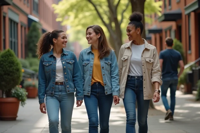 Groupe de trois adultes marchant ensemble dans un quartier urbain animé, illustrant les déterminants sociaux et environnementaux de la santé