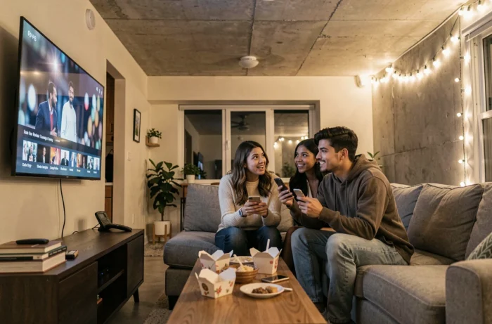 Groupe d'amis discutant des options de streaming légal et gratuit devant une smart TV dans un appartement partagé