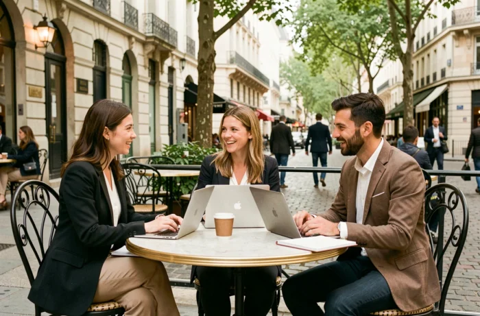 Groupe de professionnels collaborant autour de nouvelles opportunités d'emploi en terrasse urbaine