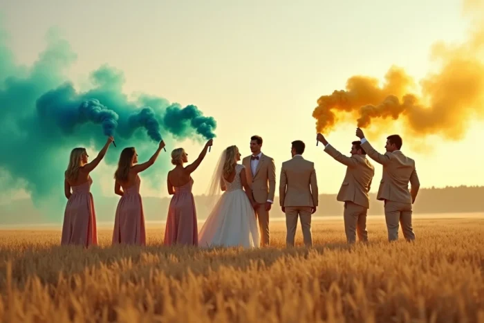 Groupe de mariés et témoins tenant des fumigènes colorés bleu sarcelle et jaune doré dans un champ de blé lors d'un mariage en plein air