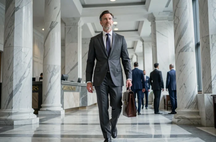 Homme d'affaires influent traversant le hall d'une institution financière prestigieuse, évoquant richesse et réussite