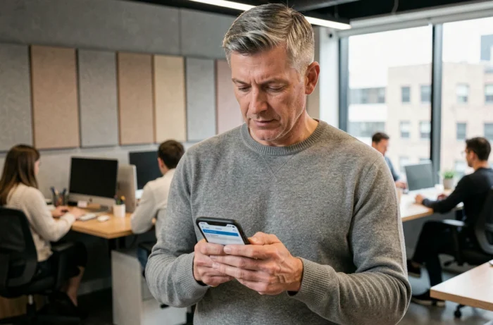Homme consultant son compte CPF sur smartphone dans un espace de coworking pour planifier ses dépenses de formation