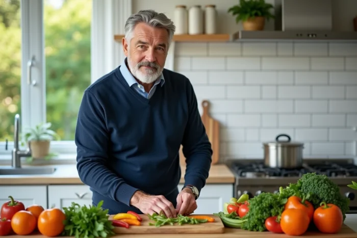 Homme de 55 ans préparant un repas équilibré avec des légumes frais dans une cuisine moderne, symbolisant l'alimentation comme déterminant de la santé