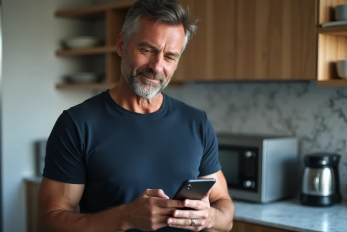 Homme consultant une facture Carrefour sur son smartphone dans une cuisine moderne