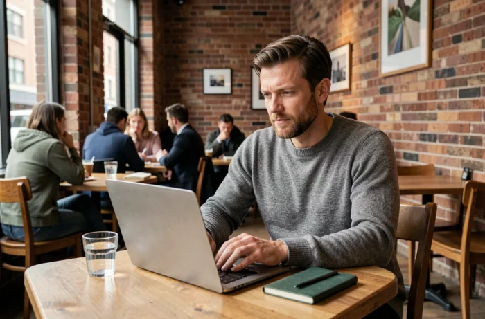 Homme indépendant travaillant sur un ordinateur portable dans un café urbain calme