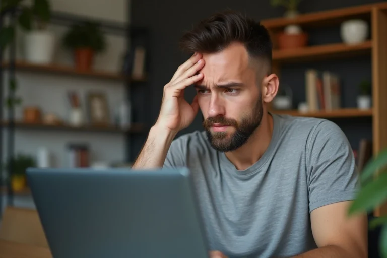 Homme frustré devant un message d'erreur de connexion ShareCloudy sur son ordinateur portable à domicile