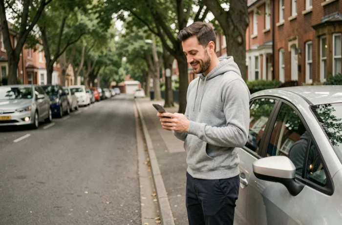 Homme consultant ses gains sur l'application Citygo debout près de sa voiture dans une rue résidentielle