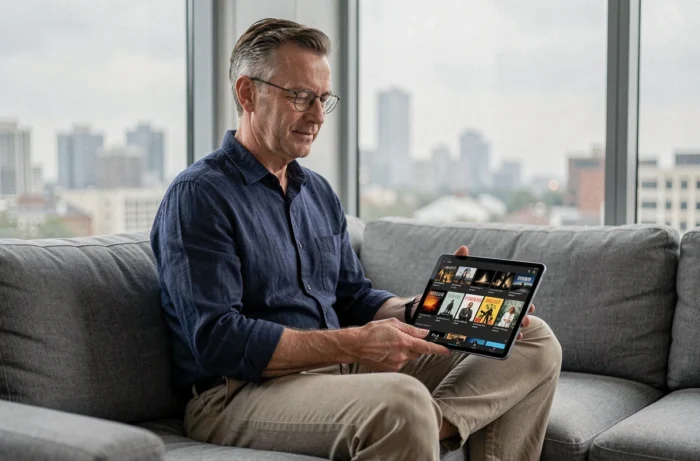 Homme lisant des livres numériques sur tablette dans un salon moderne avec vue urbaine
