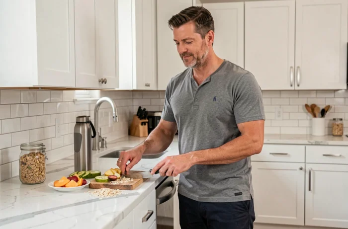Homme préparant un petit-déjeuner sain dans une cuisine moderne et organisée, illustrant une routine quotidienne équilibrée et sereine