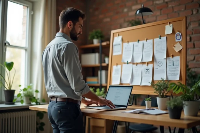 Homme rédigeant un rapport d'activité structuré sur un bureau debout dans un bureau à domicile moderne
