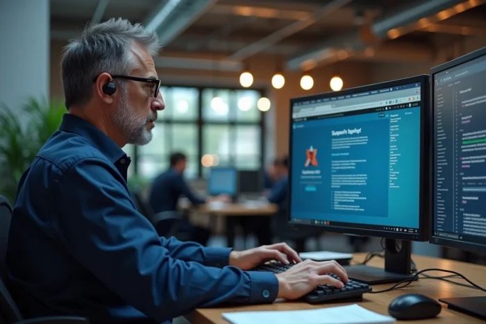 Homme consultant des solutions de dépannage pour résoudre une erreur de connexion sur une application web au bureau