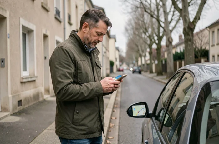 Homme debout près de sa voiture dans une rue française vérifiant l'affichage des radars sur Google Maps