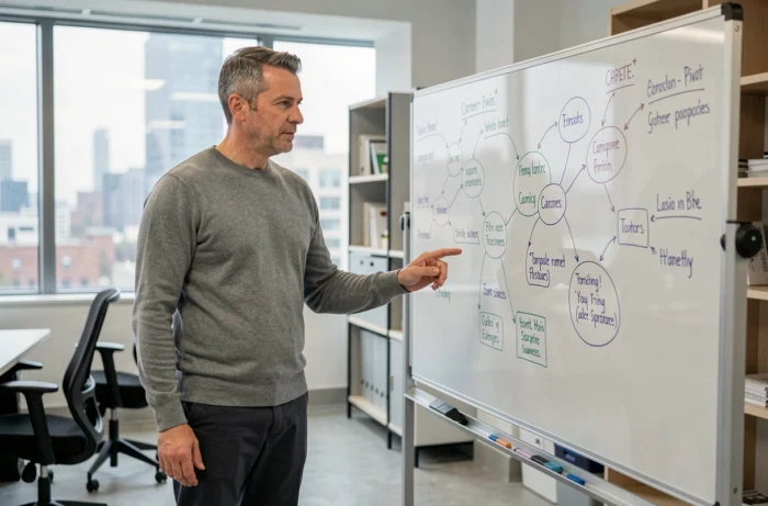 Homme d'affaires présentant des stratégies innovantes pour booster sa carrière devant un tableau blanc