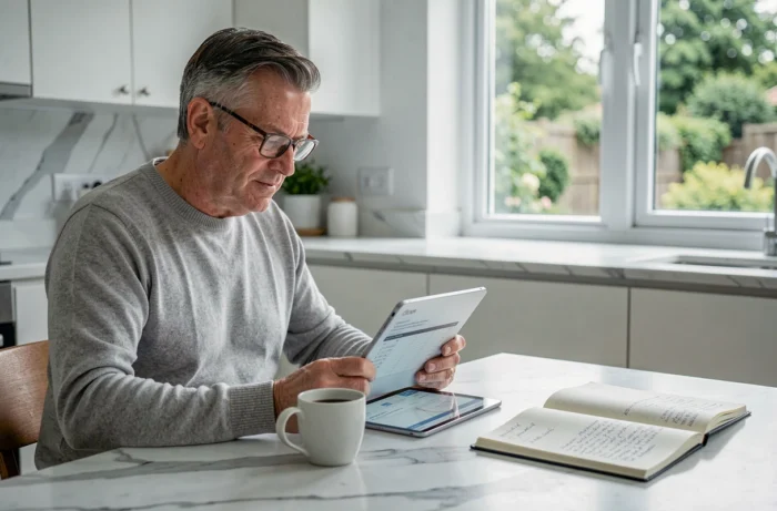 Homme étudiant une stratégie d'investissement immobilier sur tablette dans une cuisine moderne